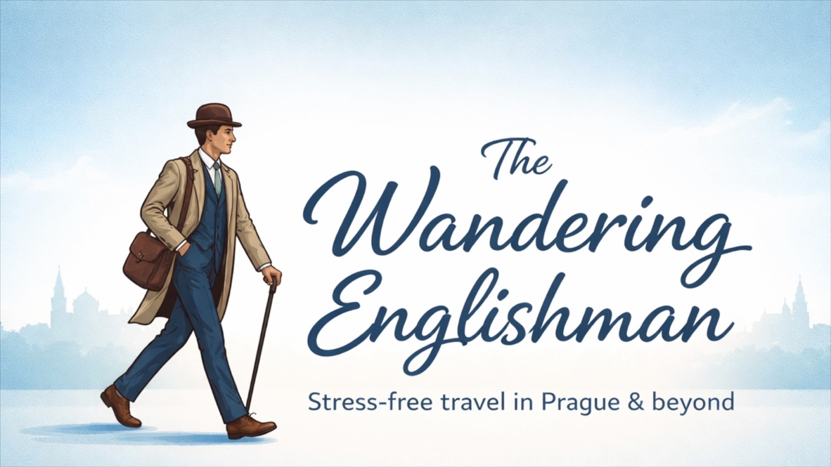 Illustration of The Wandering Englishman walking past the Prague skyline